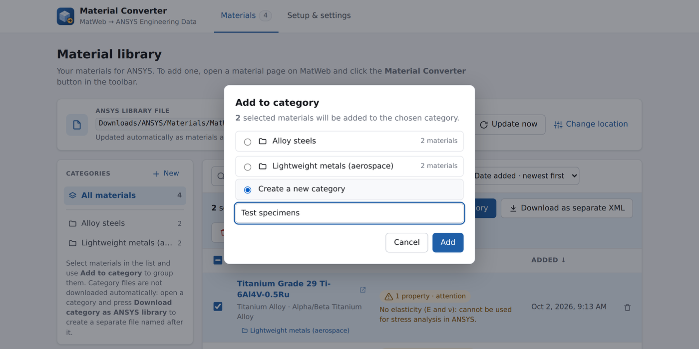 The Add to category dialog: two materials selected, existing categories Alloy steels and Lightweight metals, or a new category named Test specimens