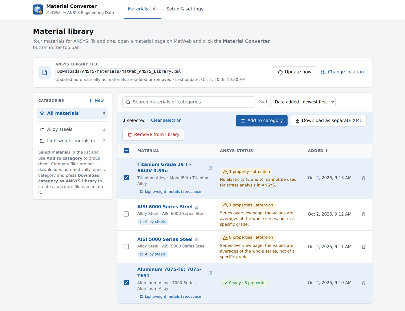 The library page: the ANSYS library file path, categories on the left and a list of materials with their ANSYS status