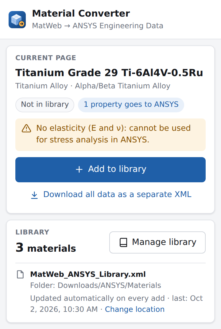The panel warns: No elasticity (E and ν): cannot be used for stress analysis in ANSYS