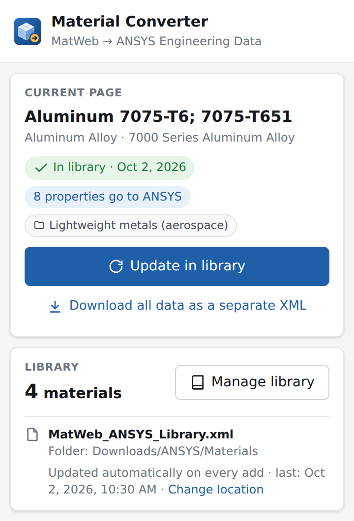 The Material Converter panel on a MatWeb page for Aluminum 7075-T6: in library, 8 properties go to ANSYS, with an Update in library button and the library file MatWeb_ANSYS_Library.xml in Downloads/ANSYS/Materials